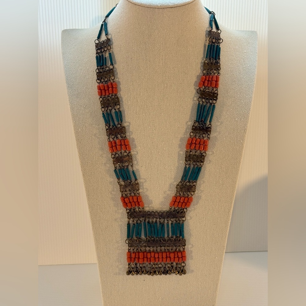 Vintage Tribal Ethnic Necklace Red Turquoise Beads Central Asian Design Handmade